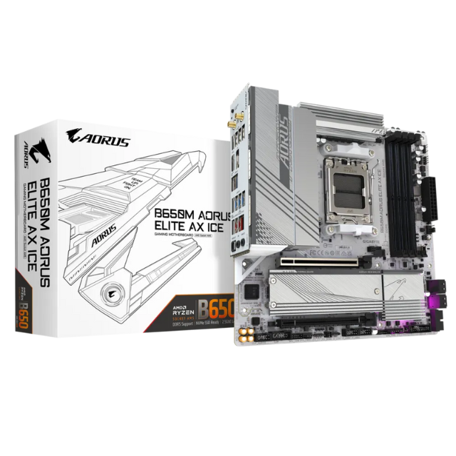 Tarjeta Madre Gigabyte B650M AORUS ELITE AX ICE / Micro ATX / AM5 / Up to 256GB DDR5 / HDMI/DP / High Definition Audio / B650M AORUS ELITE AX ICE