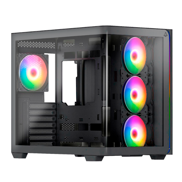 Gabinete Munfrost Hirow / Cristal Full Curve Templado / ATX-Micro ATX-Mini ITX / 4 Ventiladores ARGB Incluidos / Negro