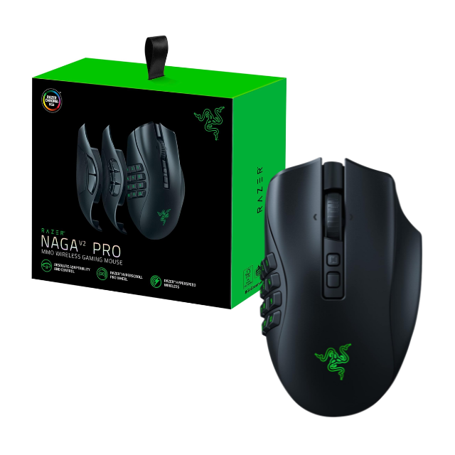 Razer Naga V2 Pro - Mouse Gamer Inalámbrico MMO | 19+1 botones programables con 3 placas laterales intercambiables, rueda HyperScroll Pro, sensor óptico Focus Pro 30K