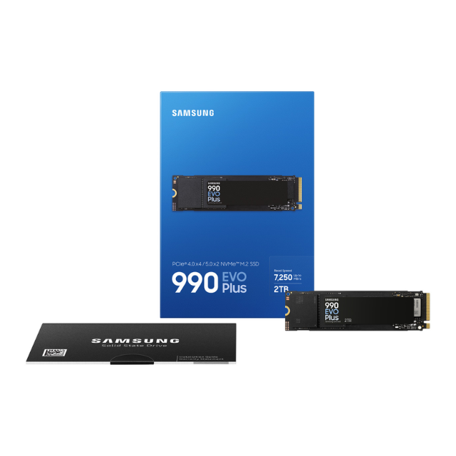 Samsung 990 EVO Plus SSD 2TB M.2 NVMe, PCIe Gen 4x4 / Gen 5x2, Lectura 7250 MB/s, Escritura 6300 MB/s, TurboWrite 2.0, Control Térmico