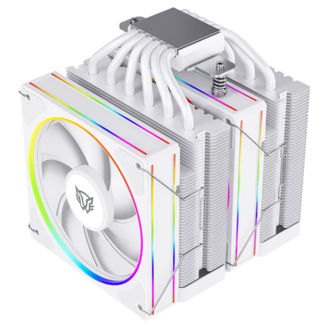 Enfriamiento de Aire | Heliux Pro HEX75 | Display para monitoreo de temperatura + RGB | 6 Pipas | TDP 270 W | Compatibilidad AMD + Intel | 2x Ven 120mm + Rodamiento Hidráulico + 600 - 2000 RPM + 74.27CFM + 30 dB + PWM 4 Pin + ARGB 3pin | Legend | Blanco