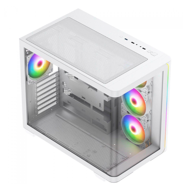 Gabinete Munfrost Hirow / Cristal Full Curve Templado / ATX-Micro ATX-Mini ITX / 4 Ventiladores ARGB Incluidos / Blanco