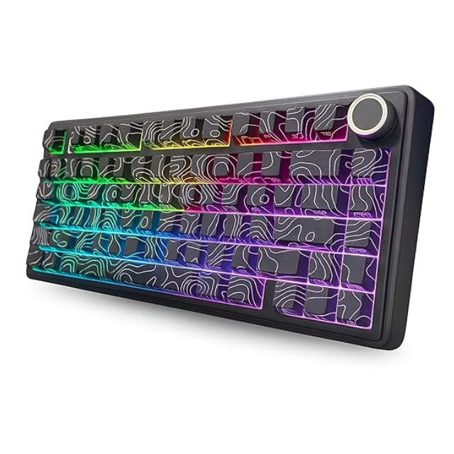 AULA F75 (Black Contour) teclado mecánico 75% inalámbrico (2.4GHz/BT/USB-C) con montaje Gasket, batería de 4000 mAh, perilla metálica, iluminación RGB South-facing y switches lineales LEOBOG Seiya hot-swappable.