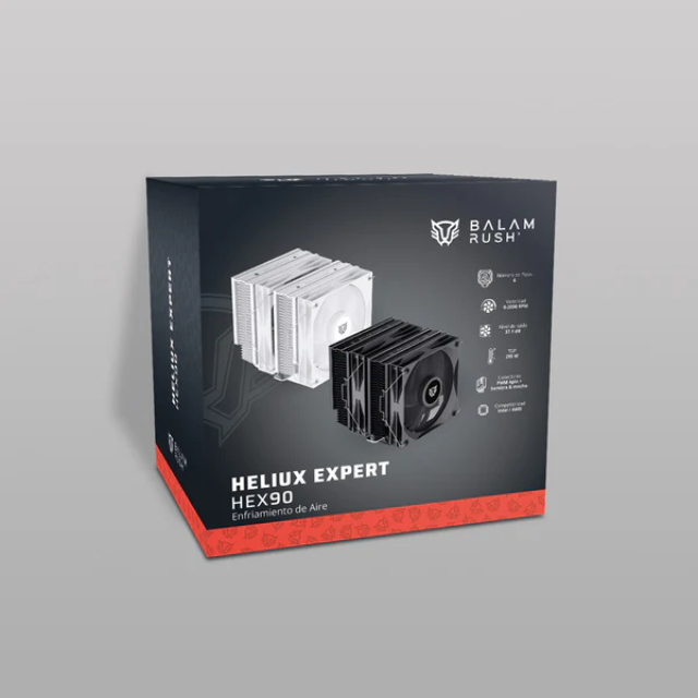 Enfriamiento de Aire | Heliux Expert HEX90 | Alto desempeño | 6 Pipas | TDP 295 W | Compatibilidad AMD + Intel | 2x Ven 120mm + Rodamiento Hidráulico + 0 - 2000 RPM + 88.8 CFM + 37.1 dB + PWM 4 Pin | Legend | Negro