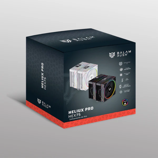 Enfriamiento de Aire | Heliux Pro HEX75 | Display para monitoreo de temperatura + RGB | 6 Pipas | TDP 270 W | Compatibilidad AMD + Intel | 2x Ven 120mm + Rodamiento Hidráulico + 600 - 2000 RPM + 74.27CFM + 30 dB + PWM 4 Pin + ARGB 3pin | Legend | Blanco
