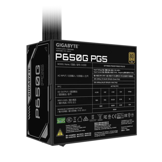 Fuente de Poder Gigabyte P650G PG5 / 650W / 80+ Gold / ATX 3.1 & PCIe 5.1 Ready / 120mm / GP-P650G PG5