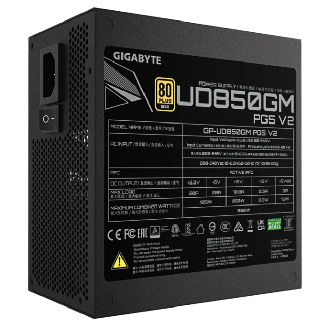 Fuente de Poder Gigabyte UD850GM PG5 V2 / 850W / 80+ Gold / Totalmente Modular / PCIe 5.0/ GP-UD850GM PG5 V2
