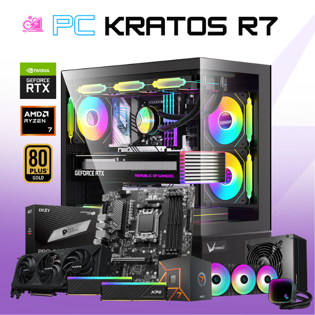 PC KRATOS R7 / AMD RYZEN 7 7700 / RTX 5070 / 32GB RAM DDR5 / 1TB SSD NVME / ENFRIAMIENTO LIQ 360MM / FUENTE 750W 80+ GOLD /  PROMOCION