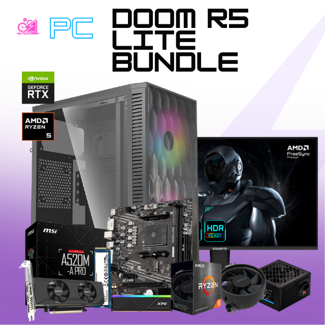 PC DOOM R5 LITE BUNDLE/ AMD RYZEN 5 4500 / RTX 3050 / 16GB RAM / 500GB SSD NVME / FUENTE 500W / INCLUYE MONITOR 24" FHD 200HZ 1MS / KIT TECLADO Y MOUSE/ PROMOCION