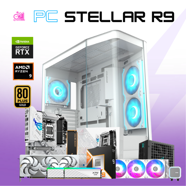PC STELLAR R9 / AMD RYZEN 9 9900X3D / RTX 5080 / 48GB RAM DDR5 / 2TB SSD NVME / ENFRIAMIENTO LIQ 360MM / FUENTE 1200W 80+ GOLD / PROMOCION