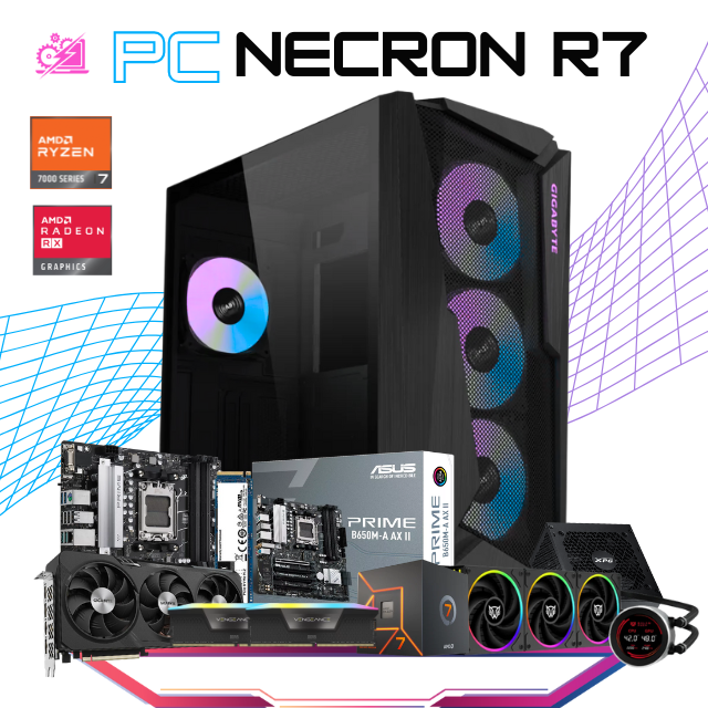 PC NECRON R7 / AMD RYZEN 7 7700/ RADEON RX 7700XT / 32GB RAM DDR5 /1TB SSD M.2 NVME / FUENTE 750W 80+ GOLD / ENFRIAMIENTO LIQ 360MM / PROMOCION