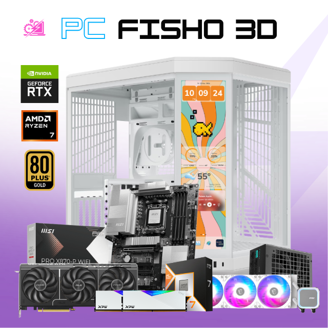 PC FISHO 3D / AMD RYZEN 7 9800X3D / RTX 5080 / 32GB RAM DDR5 / 2TB SSD M.2 NVME / ENFRIAMIENTO LIQ 360MM / FUENTE 1200W 80+ GOLD / Y70 TOUCH INFINITE / PROMOCION