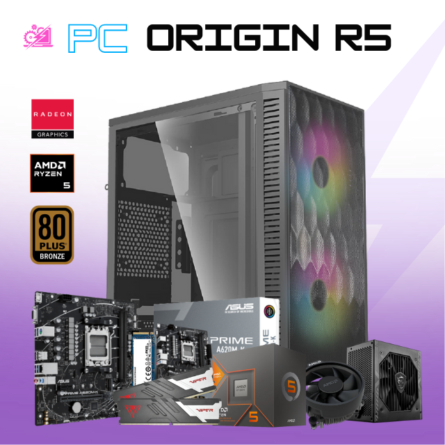 PC ORIGINS R5 / AMD RYZEN 5 8600G / RADEON 760M GRAPHICS / 16GB RAM DDR5 / 500GB SSD NVME / FUENTE 550W 80+ BRONZE/ PROMOCION