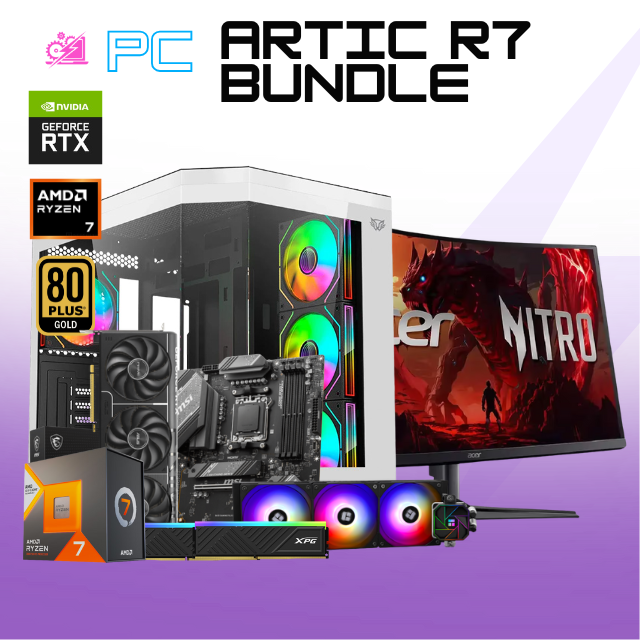 PC ARTIC R7 BUNDLE / AMD RYZEN 7 7800X3D / RTX 5070 TI / 32GB RAM DDR5 / 2TB SSD NVME / ENFRIAMIENTO LIQ 360MM / FUENTE 1200W 80+ GOLD / MONITOR 2K 27" 180HZ 0.5MS CURVO / LICENCIA DE REGALO / PROMOCION