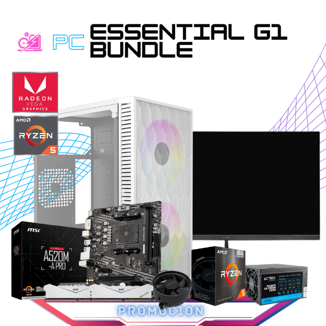 PC ESSENTIAL G1 BUNDLE / AMD RYZEN 5 5600GT / AMD VEGA GRAPHICS / 16GB RAM / 500GB SSD NVME / FUENTE 500W / INCLUYE MONITOR 21.2" FHD 75HZ / PROMOCION