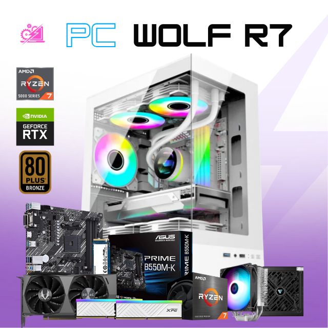 PC WOLF R7 / AMD RYZEN 7 5700 / RTX 3060 / 32GB RAM / 1TB SSD NVME / DISIPADOR DE TORRE ARGB / B550M / FUENTE 750W 80+ BRONZE / W11 PRO / PROMOCION