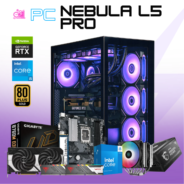 PC NEBULA L5 PRO / INTEL CORE I5-1440F / RTX 5070 / 32GB RAM DDR5 / 1TB SSD NVME/ DISIPADOR DE TORRE DOBLE FAN / FUENTE 850W 80+ GOLD / W11 PRO/ PROMOCION