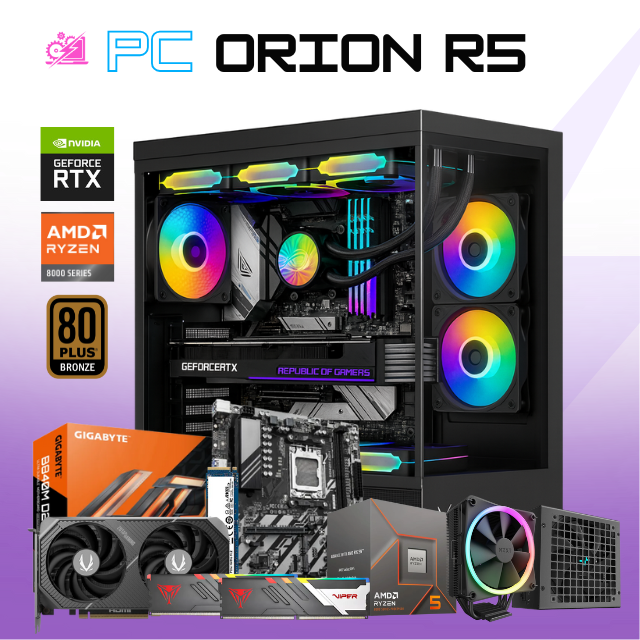 PC ORION R5 / AMD RYZEN 5 8400F / RTX 5060 TI 16G / 32GB RAM DDR5 / 1TB SSD NVME / DISIPADOR DE TORRE ARGB / FUENTE 650W 80+ BRONZE / W11 PRO / PROMOCION