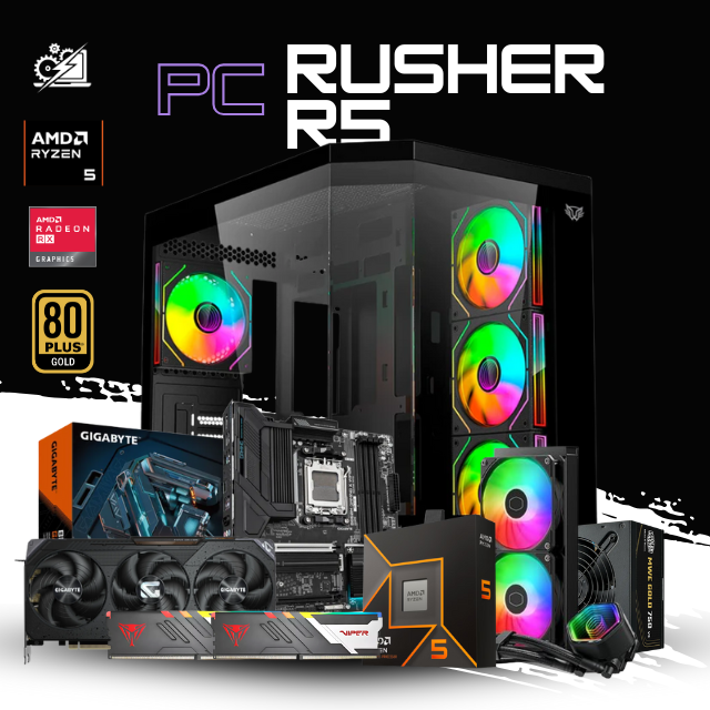 PC RUSHER R5 / AMD RYZEN 5 9600X / RADEON RX 9070 16GB / 32GB RAM DDR5 / 1TB SSD NVME / ENFRIAMIENTO LIQ 240MM / FUENTE 850W 80+ GOLD / W11 PRO / PROMOCION