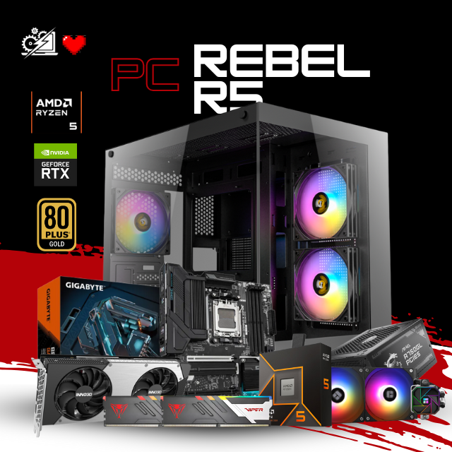 PC REBEL R5 / AMD RYZEN 5 9600X / RTX 5070 / 32GB RAM DDR5/ 2TB SSD NVME / FUENTE 750W 80+ GOLD / ENFRIAMIENTO LIQ 240MM / W11 PRO / PROMOCION