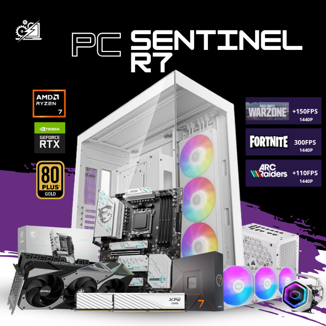 PC SENTINEL R7 / AMD RYZEN 7 7700X / RTX 5070 TI 16G / 32GB RAM DDR5 / 1TB SSD NVME / ENFRIAMIENTO LIQ 360MM / FUENTE 850W 80+ GOLD / W11 PRO / PROMOCION