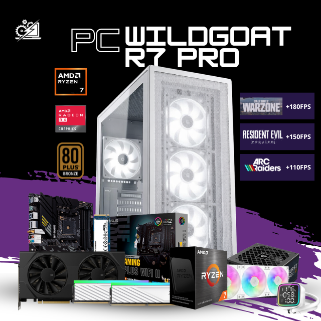 PC WILDGOAT R7 PRO / AMD RYZEN 7 5700X/ RADEON RX 9060 XT 16G / 32GB RAM / 1TB SSD NVME / ENFRIAMIENTO LIQ 360MM / FUENTE 750W 80+ BRONZE / W11 PRO / PROMOCION