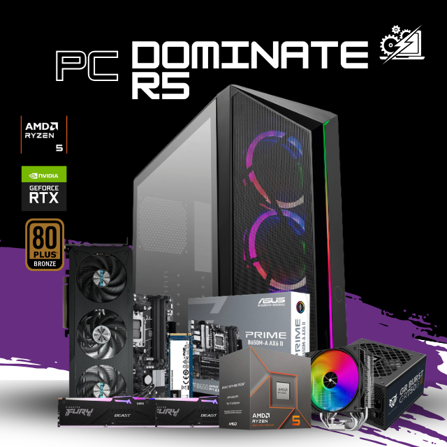 PC DOMINATE R5 / AMD RYZEN 8400F / RTX 5060 / 32GB RAM DDR5 / 1TB SSD NVME / DISIPADOR DE TORRE / FUENTE 750W 80+ BRONZE / B650M / WIFI / BT / W11 PRO /PROMOCION