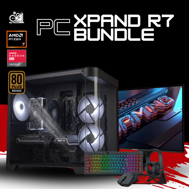 PC XPAND R7 / AMD RYZEN 7 5700 / RADEON RX 7600 / 16GB RAM / 500GB SSD NVME / DISIPADOR DE TORRE / FUENTE 650W 80+ BRONZE/ MONITOR 24" FHD 200HZ 1MS/ KIT TECLADO, MOUSE, MOUSEPAD, HEADSET/ W11 PRO / PROMOCION