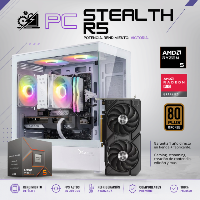 PC STEALTH R5 / AMD RYZEN 5 8400F / RADEON RX 7600 / 16GB RAM DDR5 / 1TB SSD NVME / DISIPADOR DE TORRE ARGB / FUENTE 650W 80+ BRONZE / W11 PRO / PROMOCION
