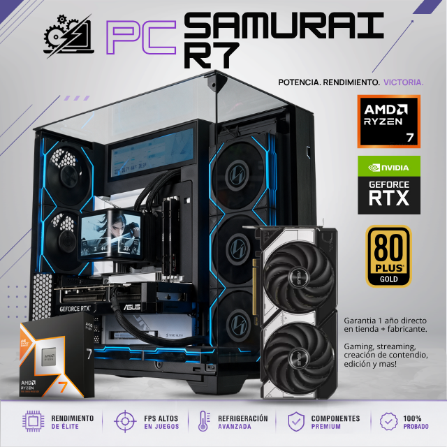 PC SAMURAI R7 / AMD RYZEN 7 9800X3D / RTX 5070 12GB / 32GB RAM DDR5 / 2TB SSD NVME / ENFRIAMIENTO LIQUIDO 360MM OLED CURVO / 850W 80+ GOLD / W11 PRO / PROMOCION
