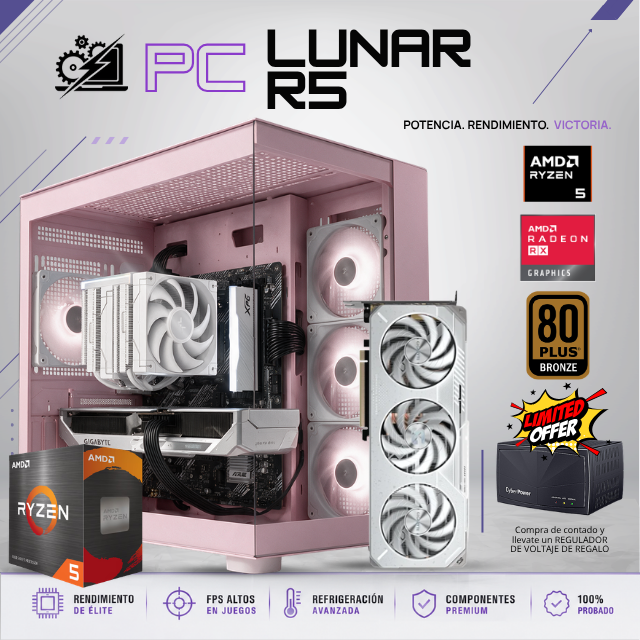 PC LUNAR R5 / AMD RYZEN 5 5600XT / RADEON RX 9060 XT 16G / 16GB RAM DDR4 / 1TB SSD NVME / DISIPADOR DE TORRE DOBLE / FUENTE 700W 80+ BRONZE / W11 PRO / PROMOCION