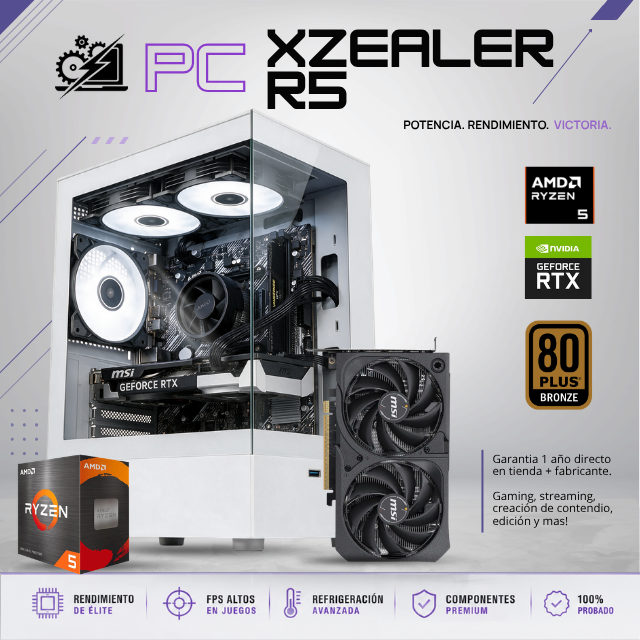 PC XZEALER R5 / AMD RYZEN 5 5500 / RTX 5060 / 16GB RAM DDR4 / 500GB SSD / A520M / FUENTE 650W 80+ BRONZE / W11 PRO / PROMOCION
