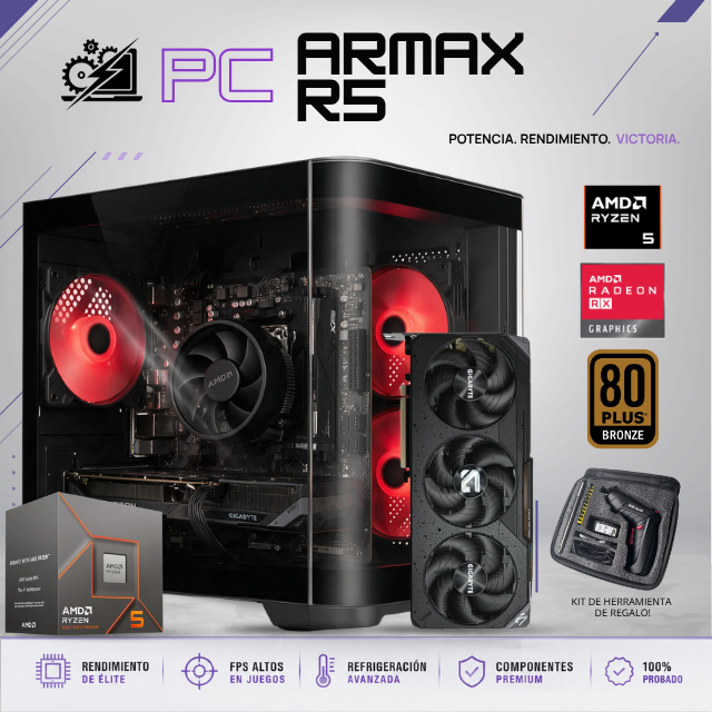 PC ARMAX R5 / AMD RYZEN 5 8400F / RADEON RX 9060 XT 8GB / 16GB RAM DDR5 / 1TB SSD NVME / DISIPADOR DE STOCK / FUENTE 650W 80+ BRONZE/ W11 PRO / PROMOCION