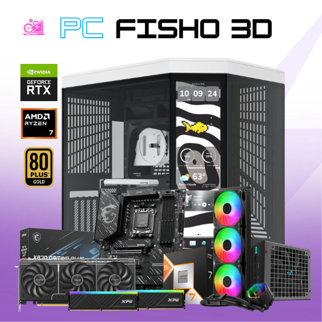 PC FISHO 3D / AMD RYZEN 7 9800X3D / RTX 5080 / 32GB RAM DDR5 / 2TB SSD M.2 NVME / ENFRIAMIENTO LIQ 360MM / FUENTE 1200W 80+ GOLD / Y70 TOUCH INFINITE / PROMOCION