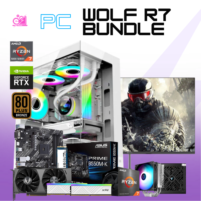 PC WOLF R7 BUNDLE / AMD RYZEN 7 5700 / RTX 3060 / 32GB RAM / 1TB SSD NVME / DISIPADOR DE TORRE ARGB / B550M / FUENTE 750W 80+ BRONZE/ MONITOR 144HZ FHD 1MS 23.8" / W11 PRO / PROMOCION