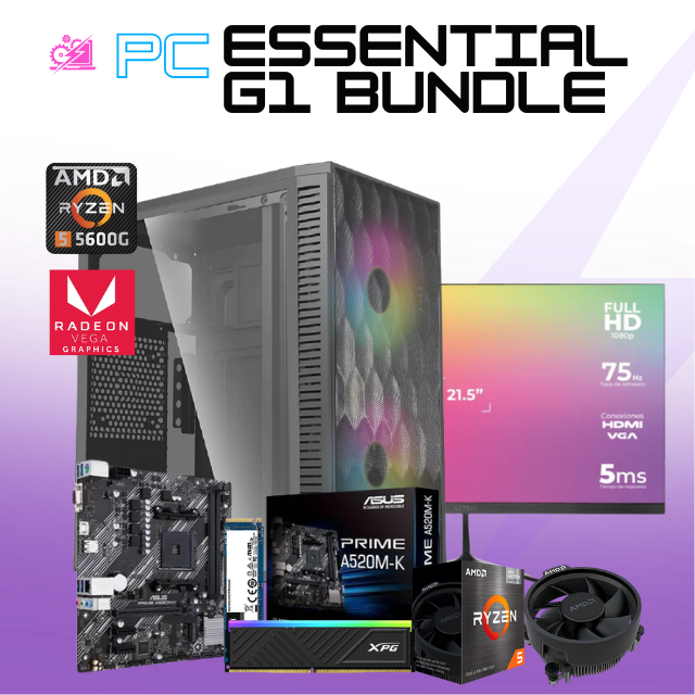 PC ESSENTIAL G1 BUNDLE / AMD RYZEN 5 5600G / AMD VEGA GRAPHICS / 16GB RAM / 500GB SSD NVME / FUENTE 500W / INCLUYE MONITOR 21.2" FHD 75HZ / PROMOCION