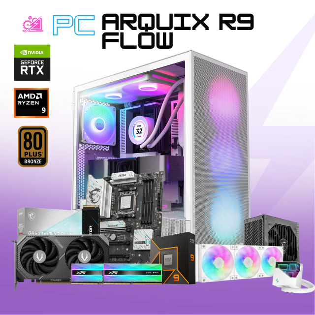 PC ARQUIX R9 FLOW / AMD RYZEN 9 9900X / RTX 5060 TI 16G / 32GB RAM DDR5 / 1TB SSD NVME / ENFRIAMIENTO LIQ 360MM / FUENTE 750W 80+ BRONZE / W11 PRO / PROMOCION