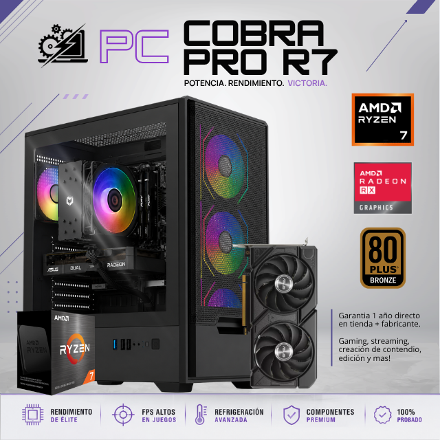 PC COBRA PRO R7 / AMD RYZEN 7 5700X / RADEON RX 7600 / 16GB RAM / 1TB SSD NVME / DISIPADOR DE TORRE 120MM / FUENTE 650W 80+ BRONZE/ W11 PRO / PROMOCION