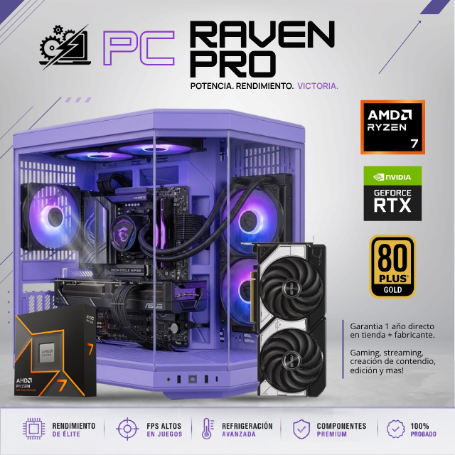 PC RAVEN PRO / AMD RYZEN 7 9700X / RTX 5070  / 24GB RAM DDR5 / 1TB SSD NVME / B650 / ENFRIAMIENTO LIQUIDO 240MM / FUENTE 850W 80+ GOLD / W11 PRO / PROMOCION