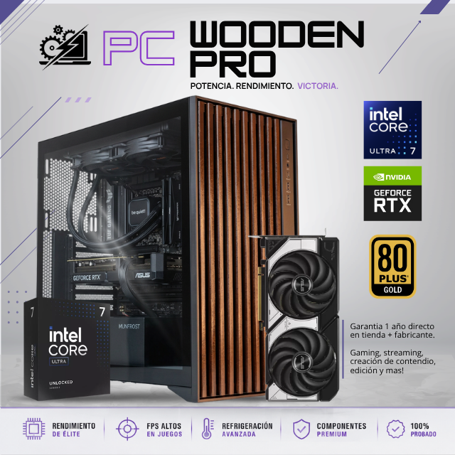 PC WOODEN PRO / INTEL CORE ULTRA 7 265K / RTX 5070 / 48GB RAM DDR5 / 1TB SSD NVME / FUENTE 850W 80+ GOLD / ENFRIAMIENTO LIQ 240MM / W11 PRO / B860 / PROMOCION