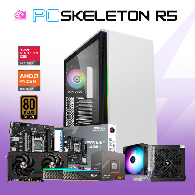 PC SKELETON R5 / AMD RYZEN 5 8400F / RADEON RX 9060 XT 16G / 32GB RAM DDR5 / 1TB SSD NVME / DISIPADOR DE TORRE / FUENTE 750W 80+ BRONZE / W11 PRO / PROMOCION