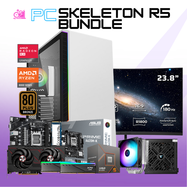 PC SKELETON R5 BUNDLE / AMD RYZEN 5 8400F / RADEON RX 9060 XT 16G / 32GB RAM DDR5 / 1TB SSD NVME / DISIPADOR DE TORRE / FUENTE 750W 80+ BRONZE/ MONITOR 23.8" FHD 180HZ 1MS/ KIT TECLADO Y MOUSE/ W11 PRO / PROMOCION