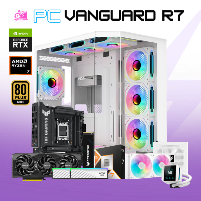 PC VANGUARD R7 / AMD RYZEN 7 9800X3D / RTX 5070 12GB VRAM / 32GB RAM DDR5 / 1TB SSD NVME / ENFRIAMIENTO LIQ 240MM / FUENTE 750W 80+ GOLD / PROMOCION
