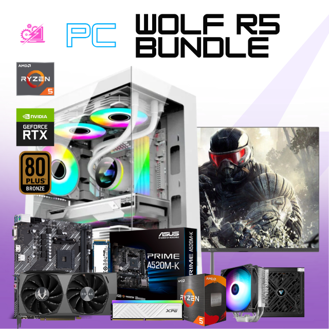 PC WOLF R5 BUNDLE / AMD RYZEN 5 4500 / RTX 3060 / 16GB RAM / 1TB SSD NVME / DISIPADOR DE TORRE ARGB /A520M / FUENTE 750W 80+ BRONZE/ MONITOR 144HZ 1MS FHD 23.8"/ W11 PRO / PROMOCION