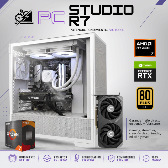 PC STUDIO R7 / AMD RYZEN 7 5700X / RTX 5060 TI 16G / 32GB RAM / 1TB SSD NVME / ENFRIAMIENTO LIQ 240MM / FUENTE 850W 80+ GOLD / B550M WIFI Y BT/ W11 PRO / PROMOCION