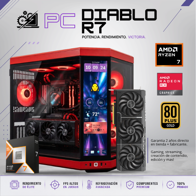 PC DIABLO R7 / AMD RYZEN 7 9800X3D/ RADEON RX 9070 XT 16G / 32GB RAM DDR5 / 2TB SSD NVME / ENFRIMIENTO LIQ 360MM / HYTE Y70 TOUCH / 850W 80+ GOLD / W11 PRO / PROMOCION