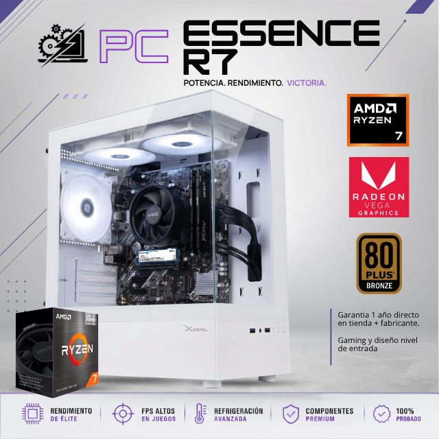 PC ESSENCE R7 / AMD RYZEN 7 5700G / AMD RADEON VEGA GRAPHICS / 16GB RAM / 500GB SSD NVME / A520M / FUENTE 700W 80+ BRONZE / W11 PRO / PROMOCION