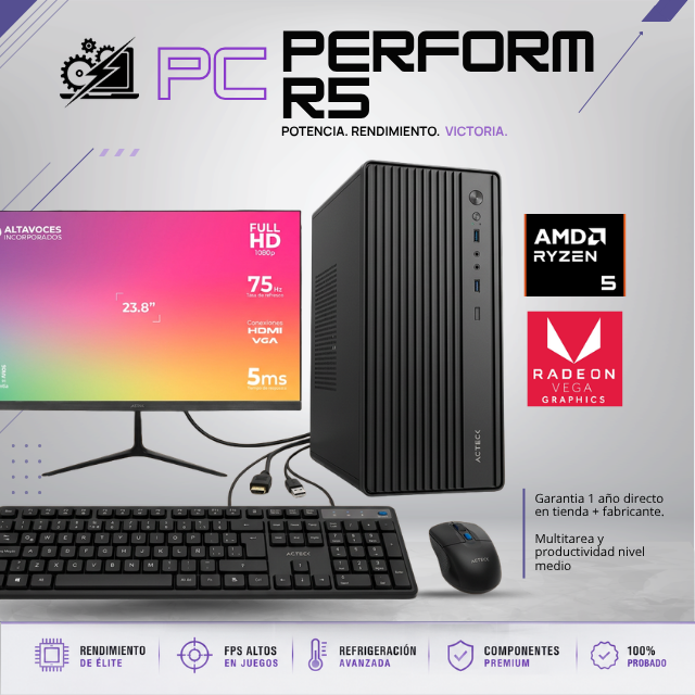 PC WORKS R5 / AMD RYZEN 5 3400G / 8GB RAM / 500GB SSD NVME / A520M / MONITOR 24" FHD 75HZ HDMI / KIT TECLADO Y MOUSE / W11 PRO / PROMOCION