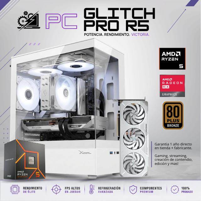 PC GLITCH PRO R5 / AMD RYZEN 5 7600 / RADEON RX 9060 XT 16G / 24GB RAM DDR5 / 1TB SSD NVME / DISIPADOR DE TORRE / FUENTE 700W 80+ BRONZE / W11 PRO / PROMOCION