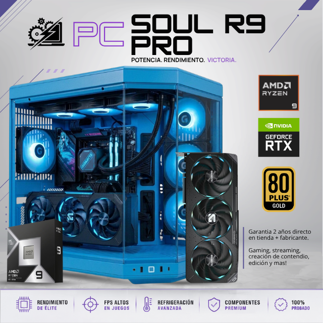 AMD SOUL R9 PRO / AMD RYZEN 9 9950X3D2 / RTX 5090 / 32GB RAM DDR5 / 2TB SSD NVME 9100 PRO / ENFRIAMIENTO LIQUIDO 360MM / X870 MIKU EDITION / FUENTE 1200W 80+ GOLD/  HYTE Y70 / W11 PRO / PROMOCION